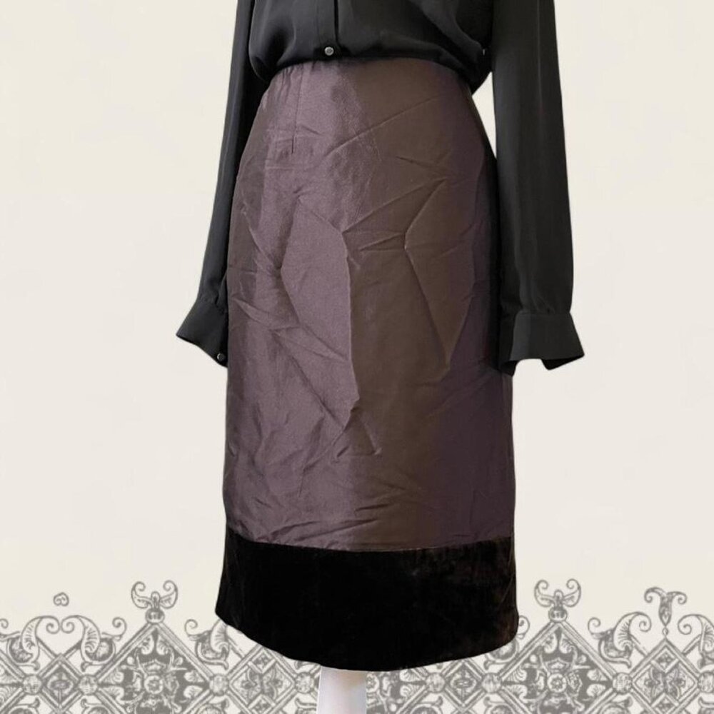 Vintage Brown and black Worth silk midi skirt with velvet trim
